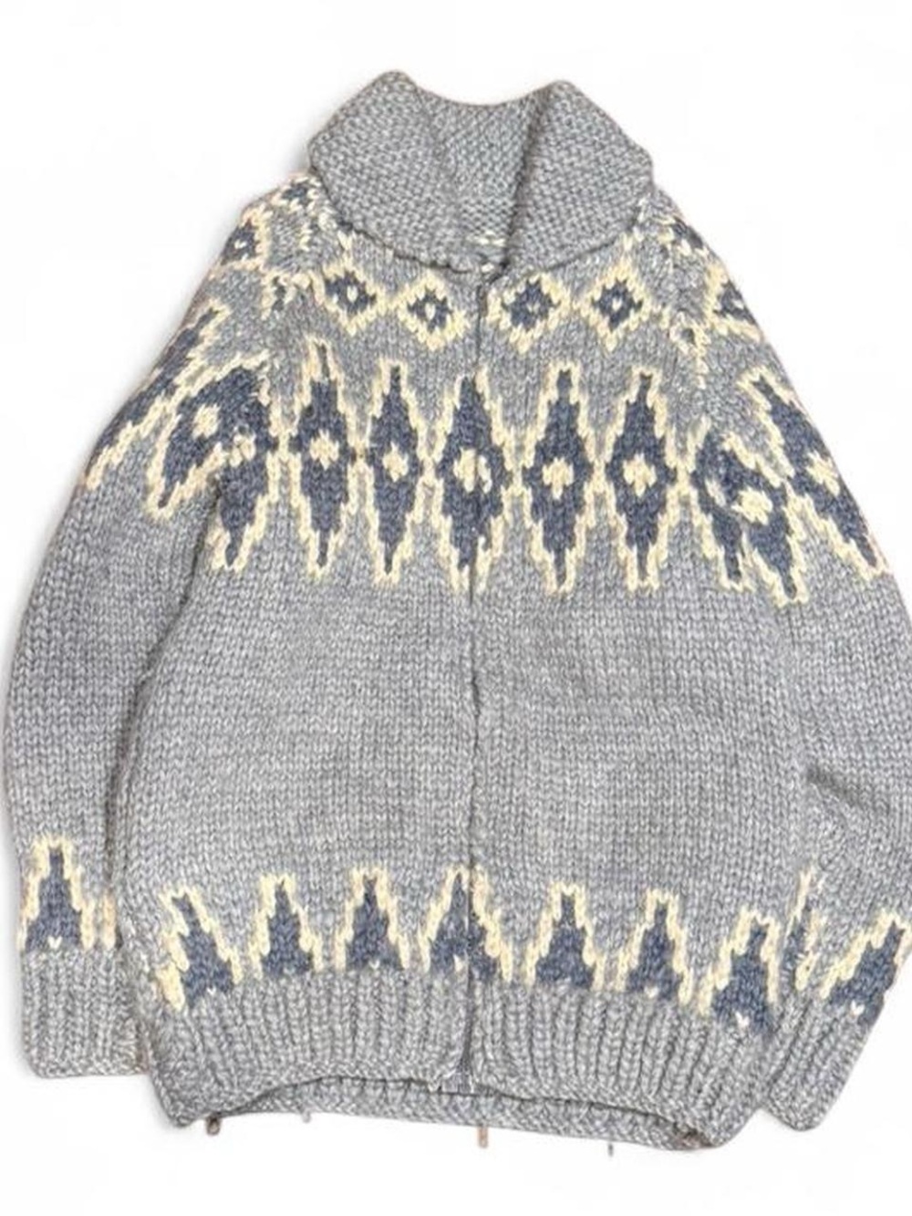 Vintage 70s Cowichan Hand Knit Aztec Wool Zip Up Sweater